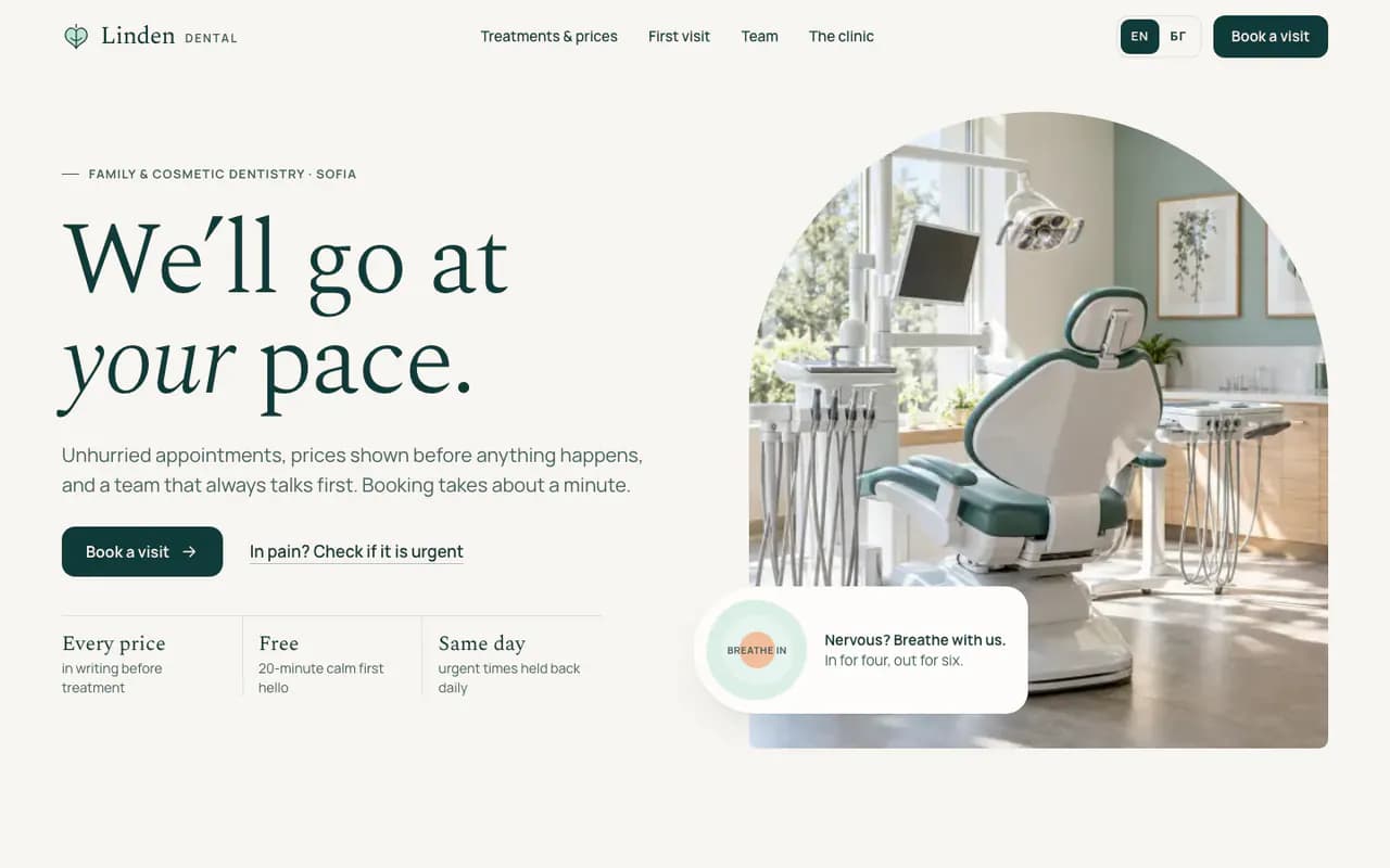 Linden Dental homepage, desktop view