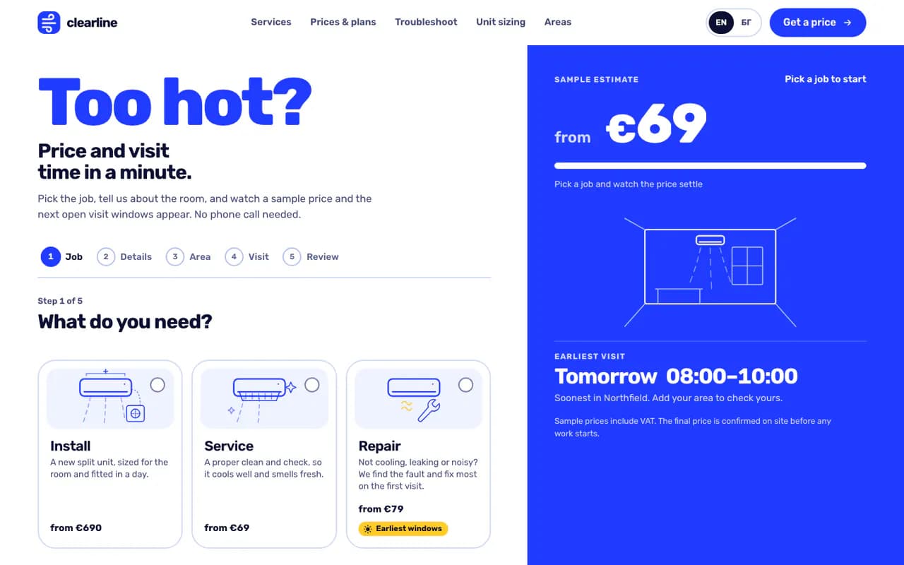 Clearline Home Services homepage, desktop view
