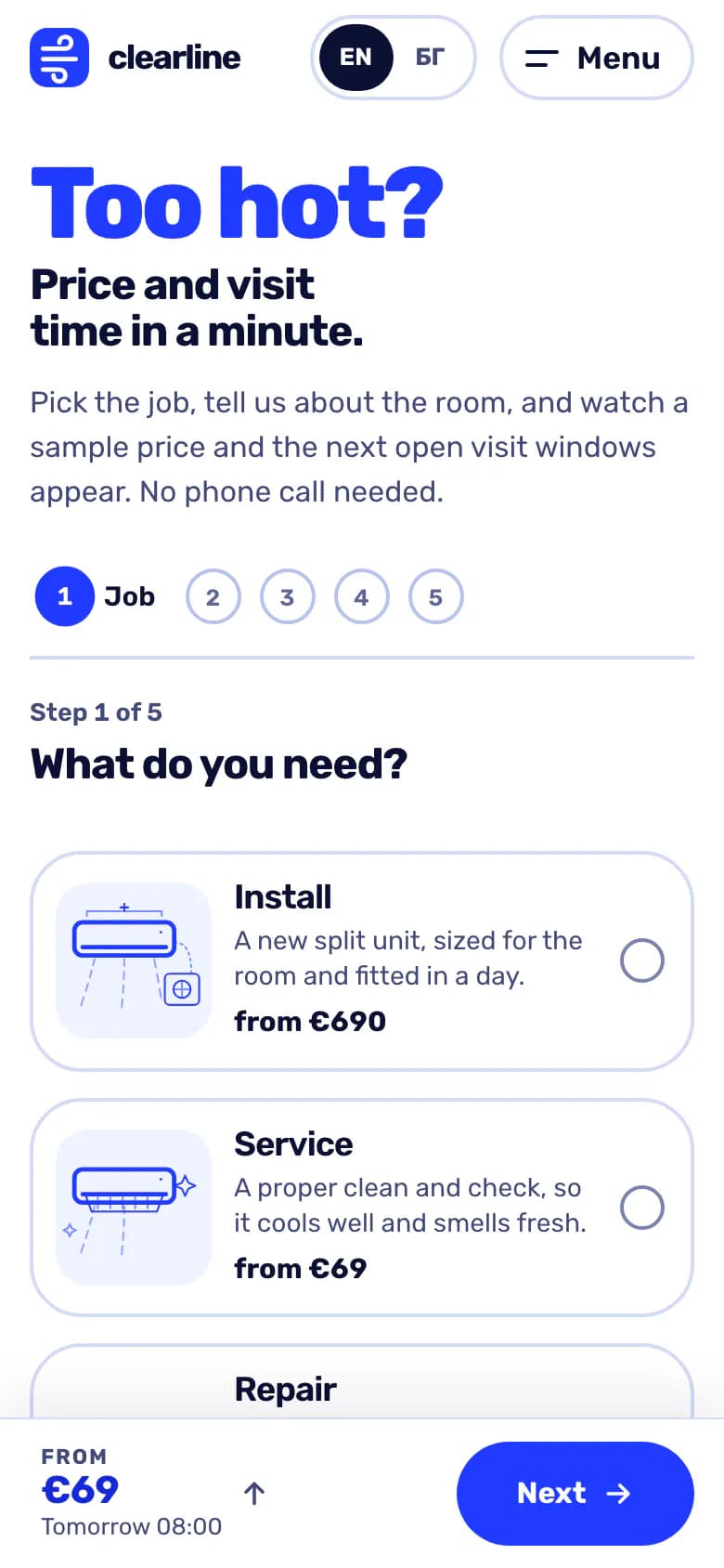 Clearline Home Services homepage, mobile view