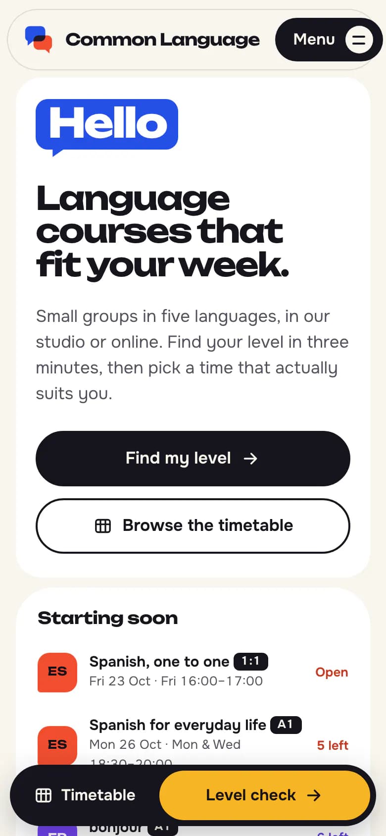 Common Language homepage, mobile view