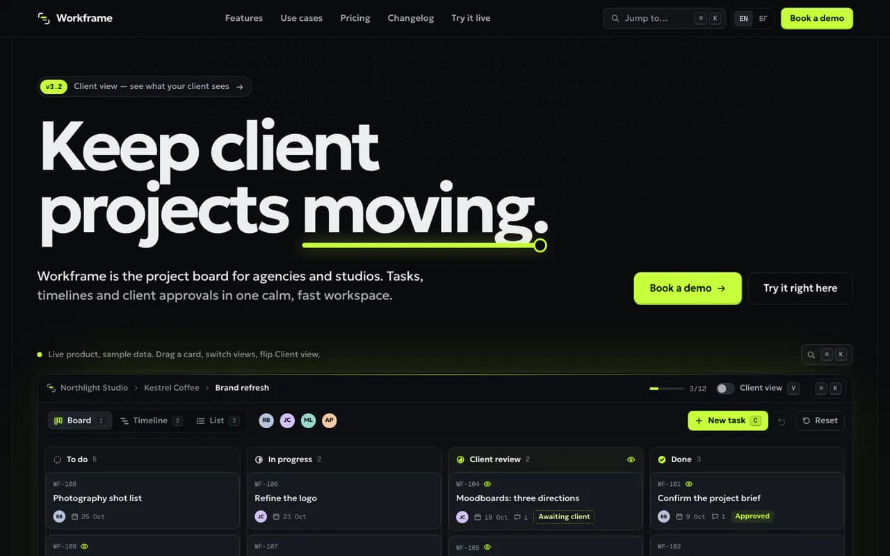 Workframe homepage, desktop view
