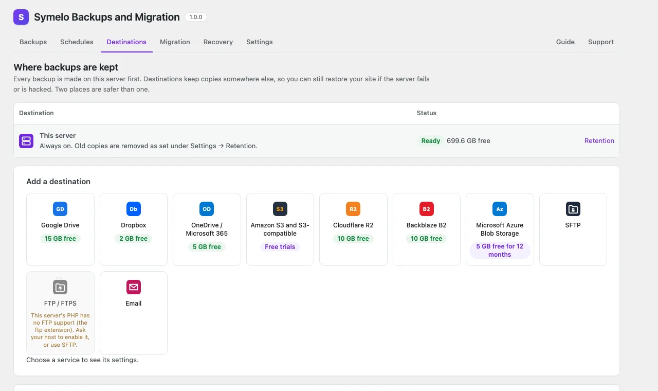 Destinations: cloud storage with the free storage each provider offers.