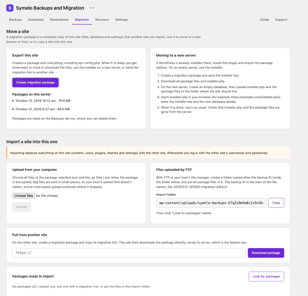 Migration: export a package, or import one by upload, FTP or migration link.