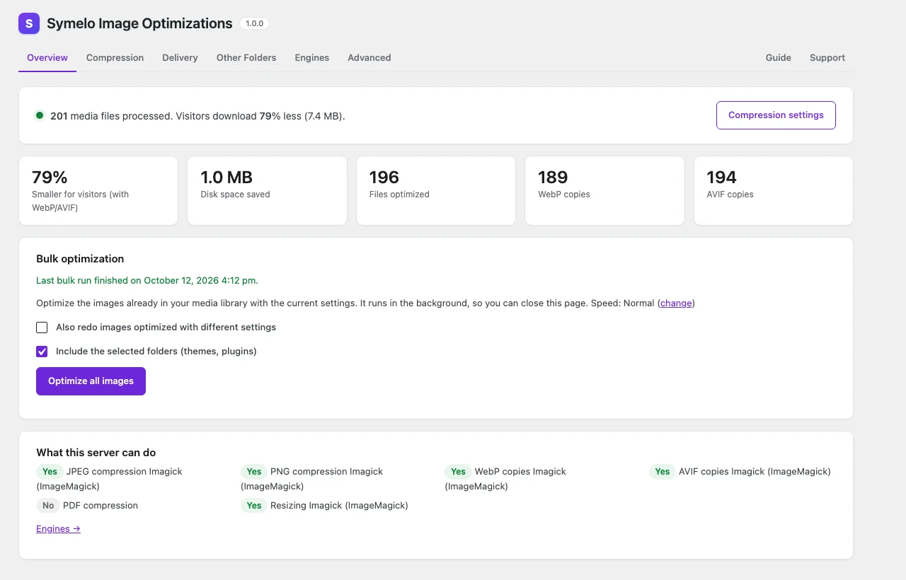 Overview: savings, the media library at a glance and bulk optimization.
